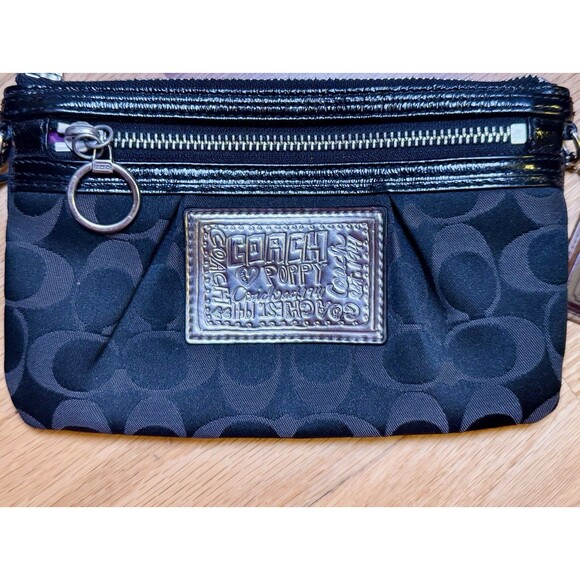 Coach Poppy Signature Monogram Wristlet Clutch Purse Wallet Silver Black Brown - Picture 9 of 16